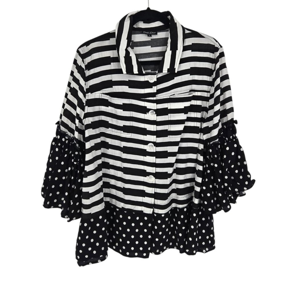 Dor dor couture black white stripe polka dot pinup button up ruffle sleeve Large